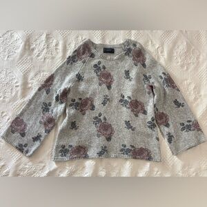 Lucky Brand Floral Rose Sweater Womens XL Gray Bell Sleeve Wool Blend Pullover